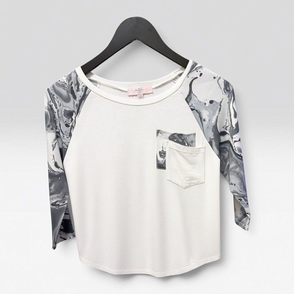 Moa Moa Girls Medium Marble Raglan 3/4 Sleeve Top White Black NWT